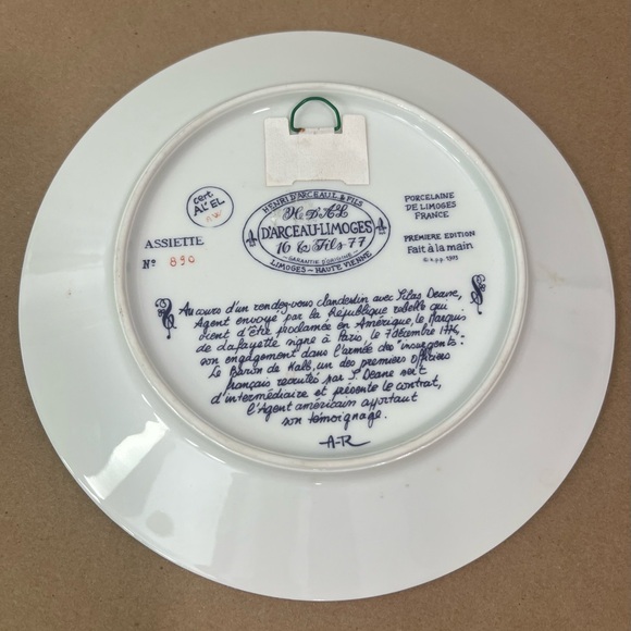 Vintage 1973 Porcelain plate D’arceau-Limoges, Marquis De Lafayette 1776 - Picture 4 of 5